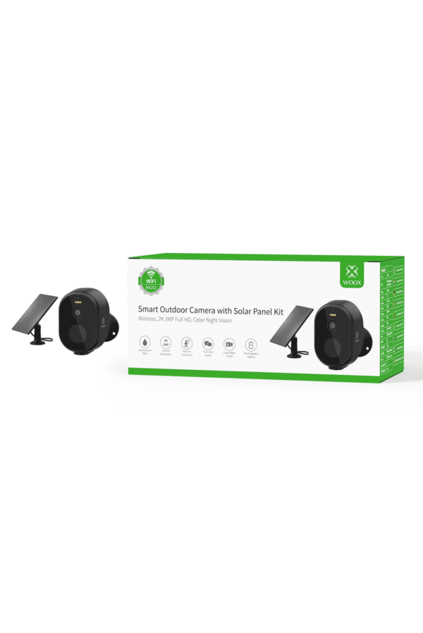 28939-2965_r4252-woox-outdoor-wireless-security-camera-kit-p99-874_image.png Woox Smart Wi-Fi vanjska kamera sa solarnim panelom, Full HD 1080p, baterija 5200mAh, IP65 vodootporna, microSD, WooxHome app, Alexa & Google Assistan