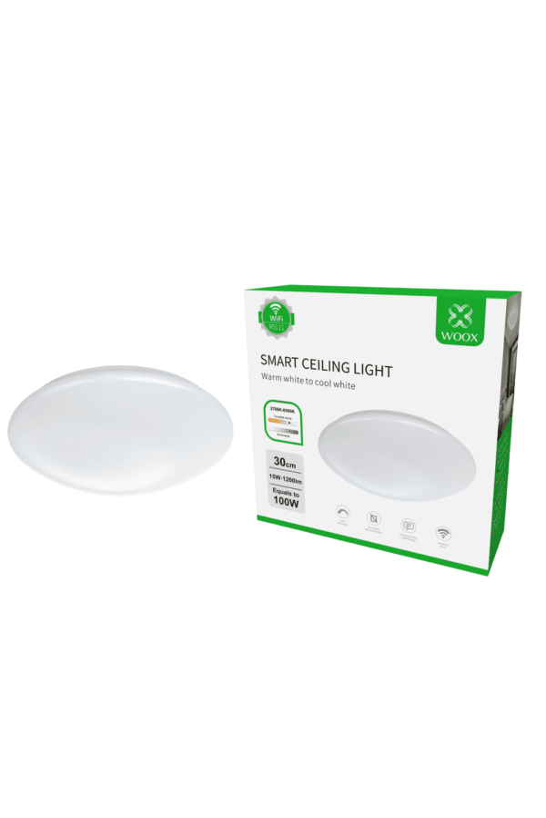 28947-2965_woox-r5111-smart-ceiling-light-p73-630_image.png Woox Smart Wi-Fi LED plafonjera, 15W, 1200lm, 2700K-6500K, 300mm, WooxHome app, Alexa & Google Assistant