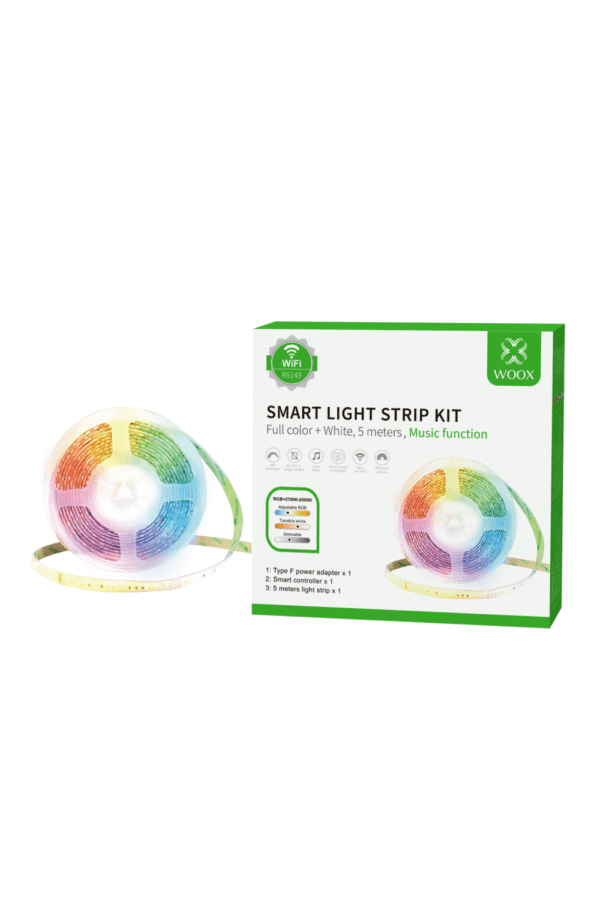 28948-2965_woox-r5149-smart-led-strip-kit-rgb-cct-music-functions-p89-722_image.png Woox Smart Wi-Fi LED traka RGB + muzička funkcija, 5m, 24W, 3000K-6500K, vodootporna, WooxHome app, Alexa & Google Assistant