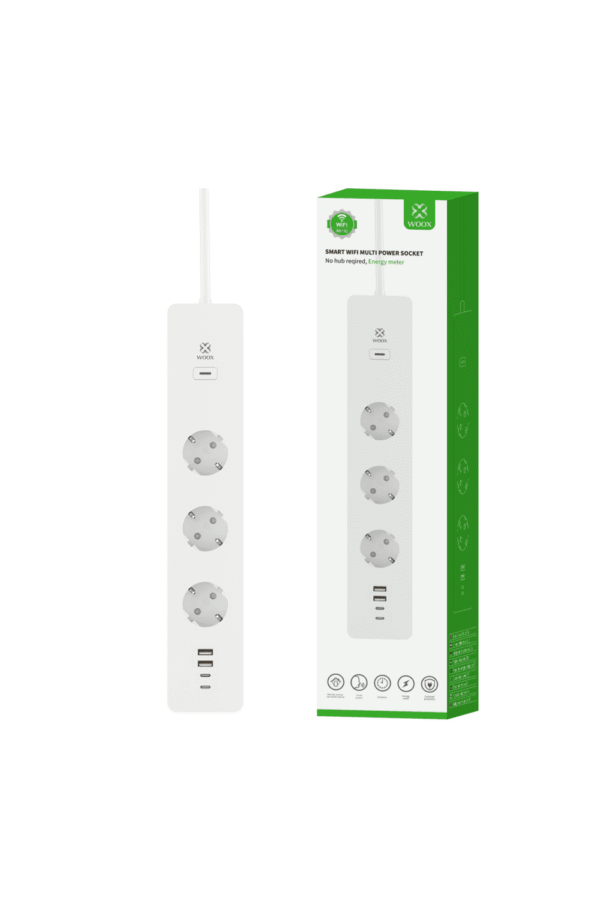 28955-2965_woox-r6132-p100-855_image.png Woox Smart Wi-Fi strujna letva, 3×strujna utičnica, 2×USB-A, 2×USB-C punjač, 1.5m, WooxHome app, Alexa & Google Assistant