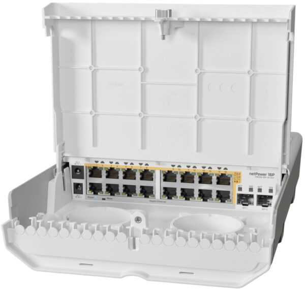 31566-2965_crs318-16p-2s-out-netpower-16p.jpg MikroTik Cloud Router Switch CRS318-16P-2S+OUT, netPower 16P, 256MB RAM, 16×G-LAN PoE-out, 2×SFP+, RouterOS L5/SwitchOS