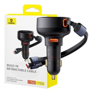 Auto punjač za smartphone/tablet/laptop Baseus Enjoyment 60W USB A, integrirani kabel USB C / Lightning, C00057802111-02