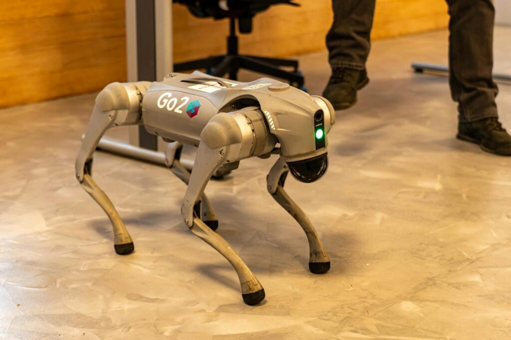 futuristic robot dog indoors in stationary pose